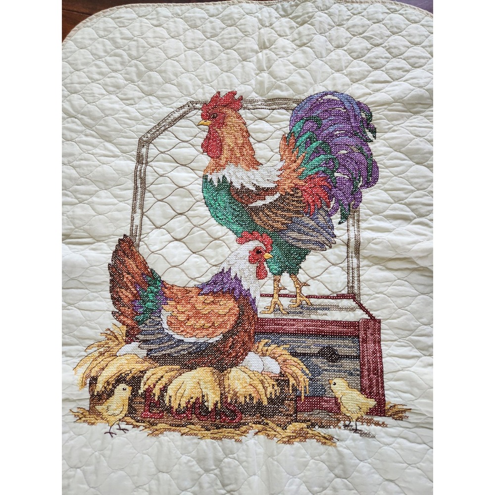 Crosstitch Rooster Hen Chick's Blanket Farm‎ Country Cottagecore